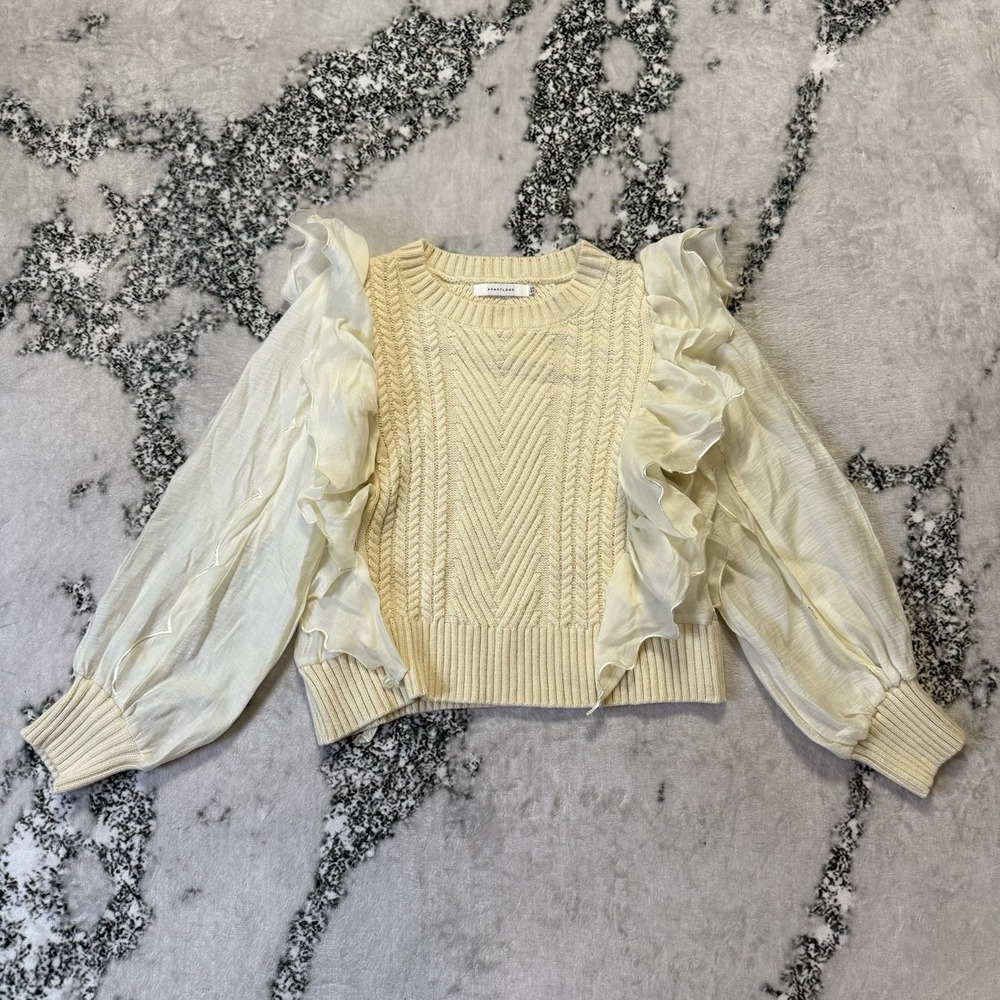 Avantlook Anthropologie Sweater Womens Size XS Cream Ruffled Long Sleeve